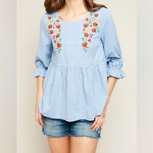 NWT- Hayden Embroidered Gingham Peplum Blouse, Medium